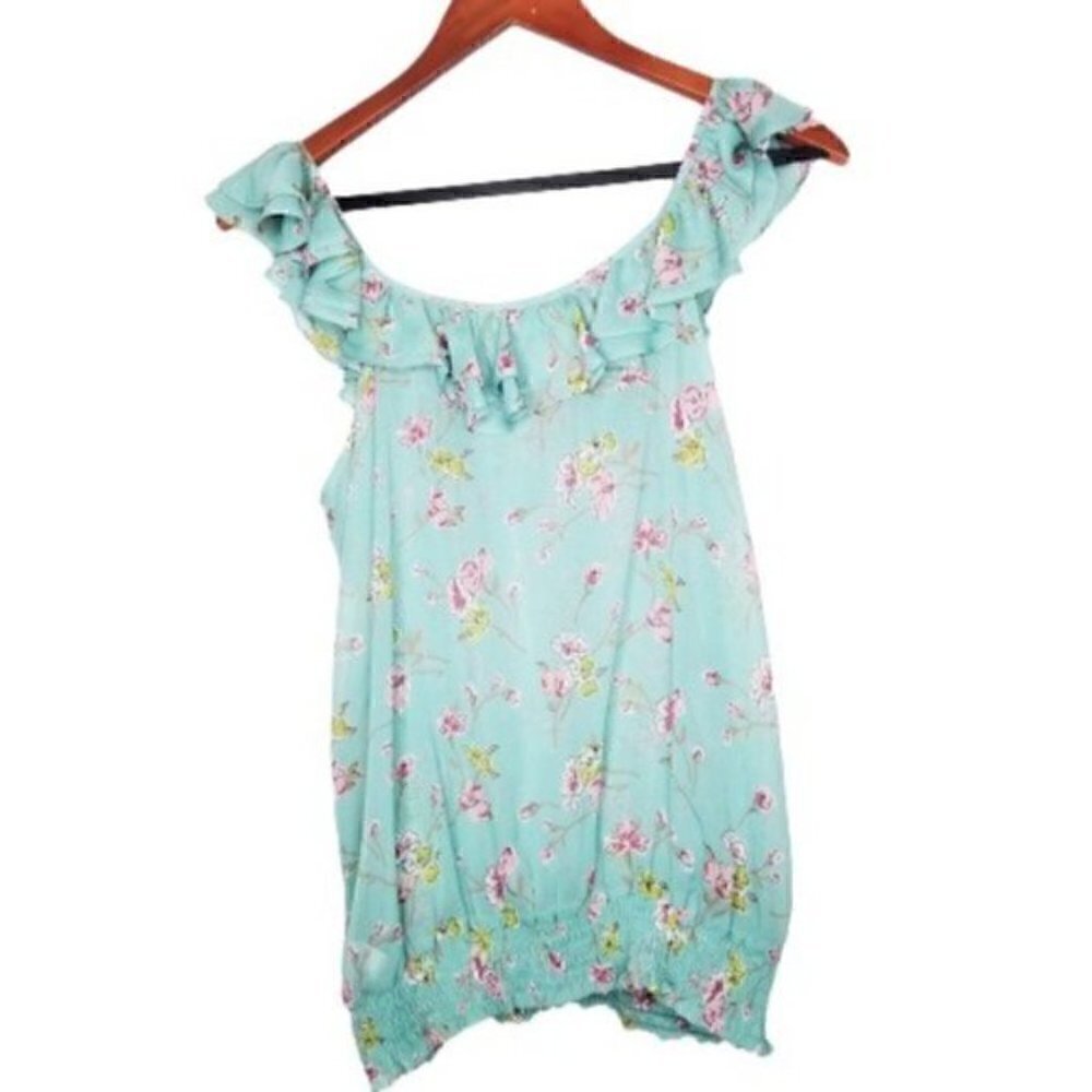 4/$25 Forever 21 Mint Green Floral Ruffle Sleeveless Top